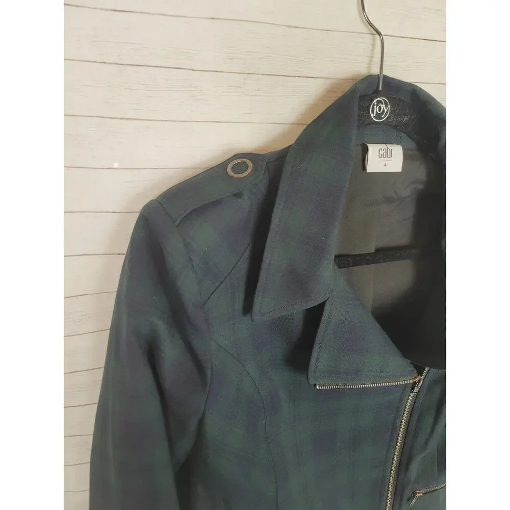 CAbi Tartan Green Plaid Asymmetrical Zip Moto Jacket, sz 4